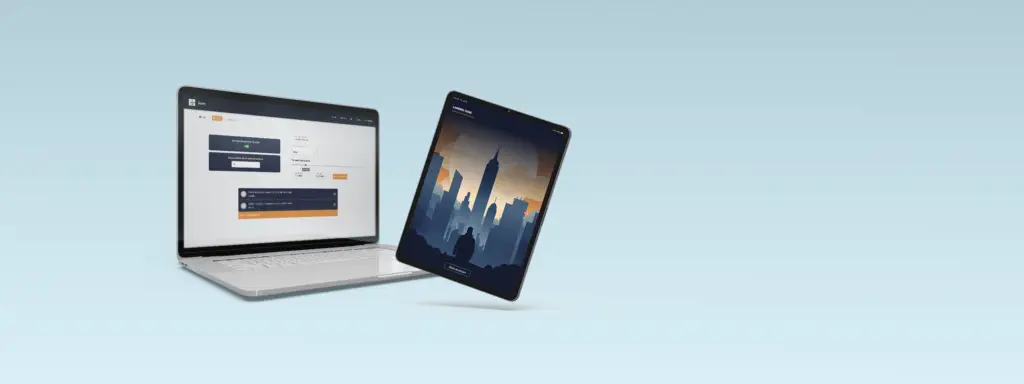 Un ordinateur avec le site de création des parcours et un iPad avec l'application Landing Zone