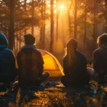 Quatre personnes faisant du camping en forêt