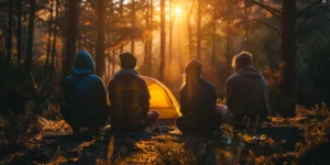 Quatre personnes faisant du camping en forêt