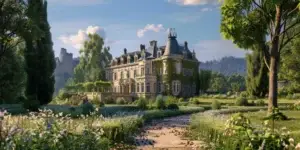 Un domaine avec un jardin et un chateau