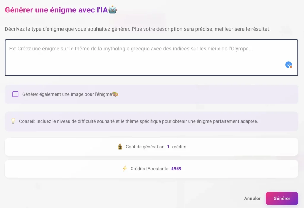 Interface d'une IA de création d'énigmes