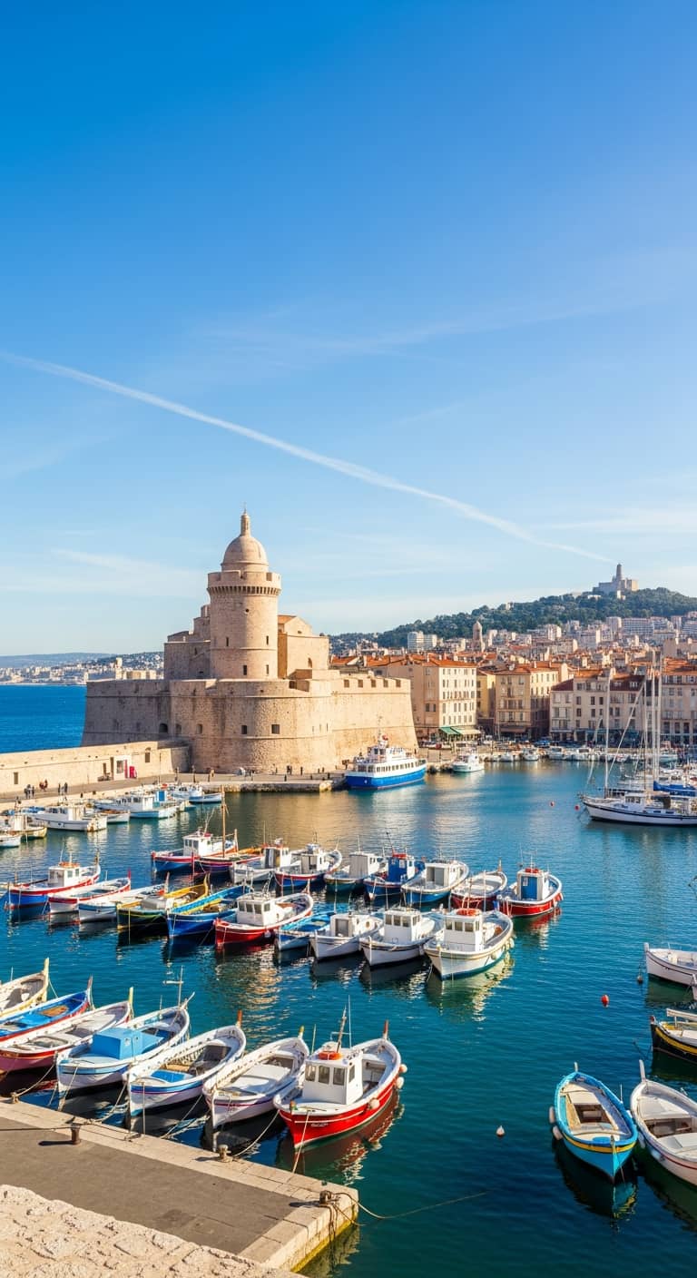 Panoramic view of Marseille Old Port (Vieux-Port) with colorful boats, historic Fort Saint-Jean, Mediterranean sea, blue sky, warm sunlight, vibrant colors, travel photography style