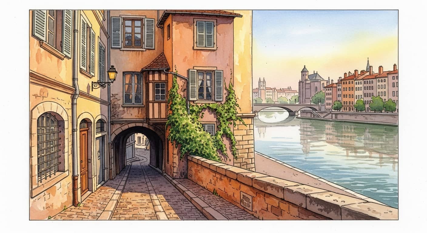 Artistic watercolor illustration of Lyon old town (Vieux-Lyon) showing Renaissance buildings, narrow cobblestone streets, traboules (secret passages), and the Saône river in the background. Warm colors, cultural atmosphere, no people, architectural focus.