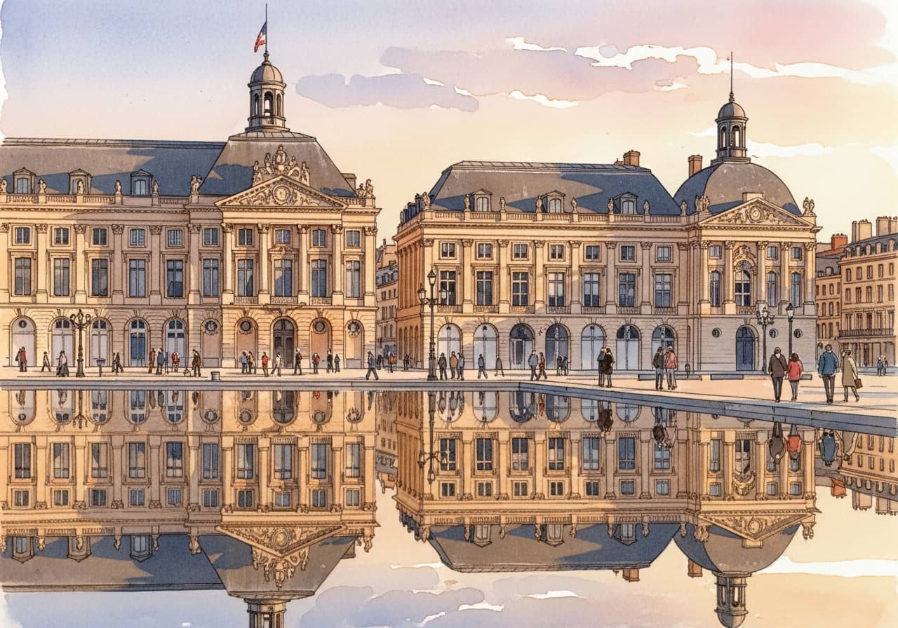 Artistic watercolor illustration of Place de la Bourse in Bordeaux, France, showing the elegant 18th century classical architecture with its symmetrical facades, the famous water mirror reflecting the buildings, warm golden hour lighting, people walking, soft pastel colors, cultural heritage atmosphere