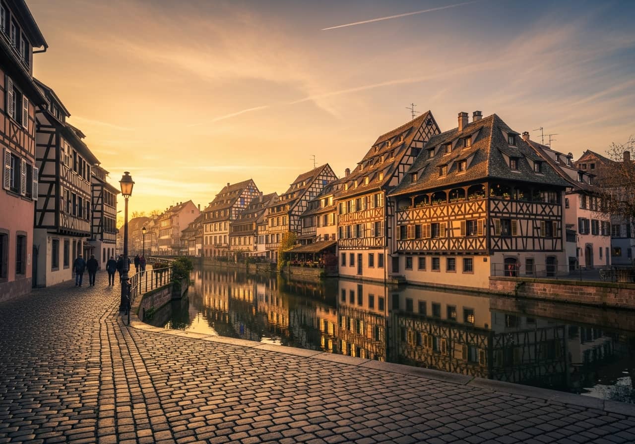 Illustration réaliste et cinématographique de Strasbourg (France) au lever de soleil : vue à hauteur de piéton sur la Grande Île avec les canaux de l’Ill, maisons à colombages de la Petite France, reflets dans l’eau, pavés, ambiance chaleureuse et familiale, quelques silhouettes discrètes, détails architecturaux alsaciens (bois, toits pentus), profondeur de champ, lumière dorée, haute définition, style “travel poster” moderne, sans texte, sans logo, sans interface d’application, sans QR code, composition horizontale 16:9, ultra net.