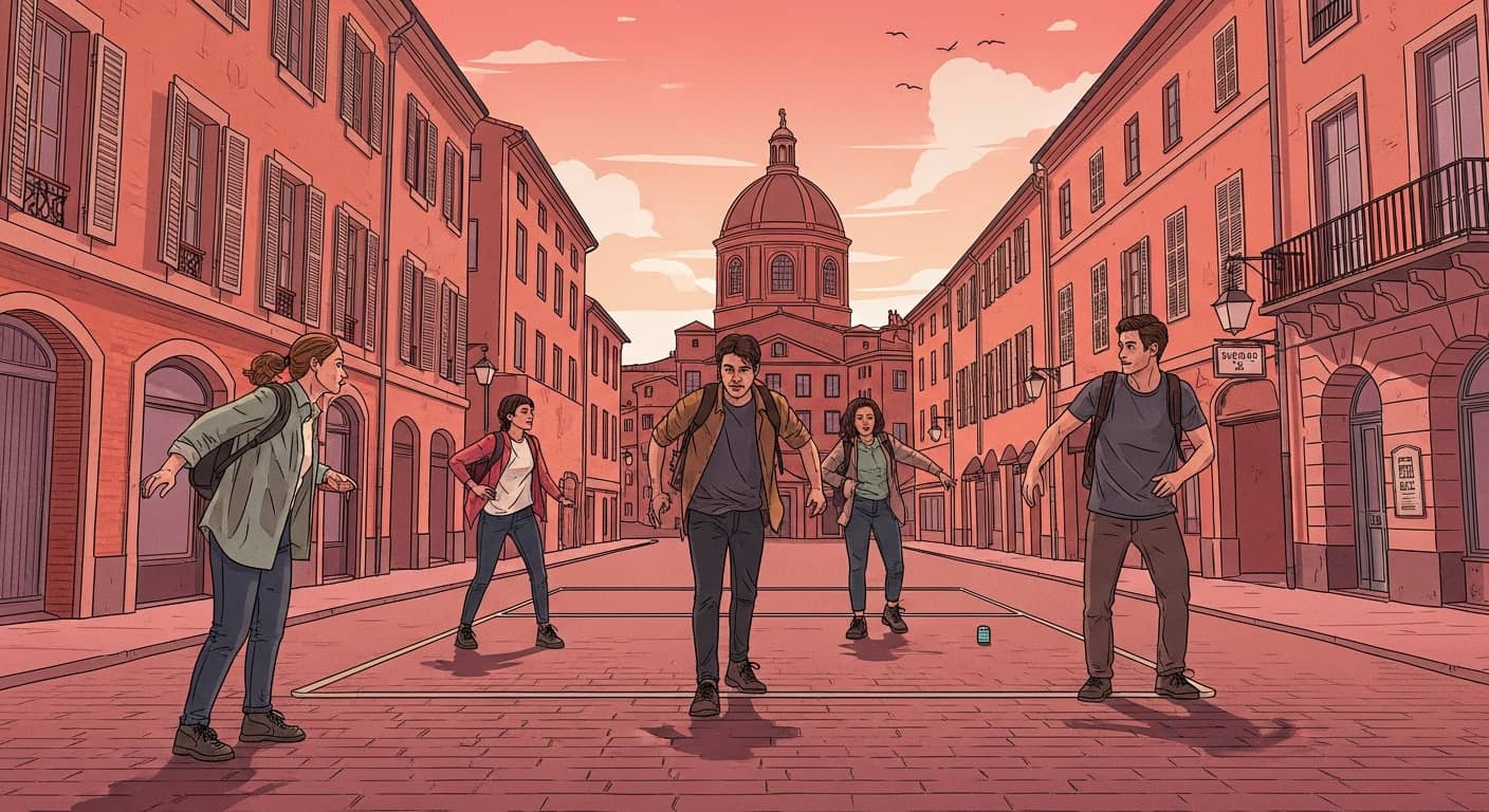 Illustration photoréaliste 16:9 : groupe de 3–4 adultes de dos en jeu de piste dans le centre historique de Toulouse, façades en briques roses, lumière dorée, ambiance enquête (carnet/carte papier), arrière-plan inspiré Capitole/quais de la Garonne. Ultra-détaillé, profondeur de champ ciné, espace négatif pour le titre.
Négatifs : pas de téléphone mis en avant, pas d’UI, pas de logo, pas de texte, pas de QR lisible, pas de watermark, pas de visages en gros plan.