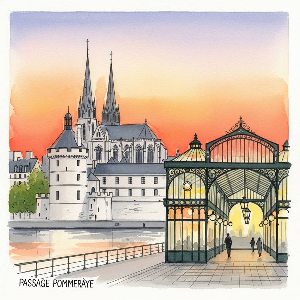 Watercolor illustration of Nantes historic center featuring the Château des ducs de Bretagne castle, Saint-Pierre cathedral, and elegant 19th century Passage Pommeraye shopping arcade, warm sunset lighting, cultural heritage atmosphere, family-friendly adventure vibe, soft colors