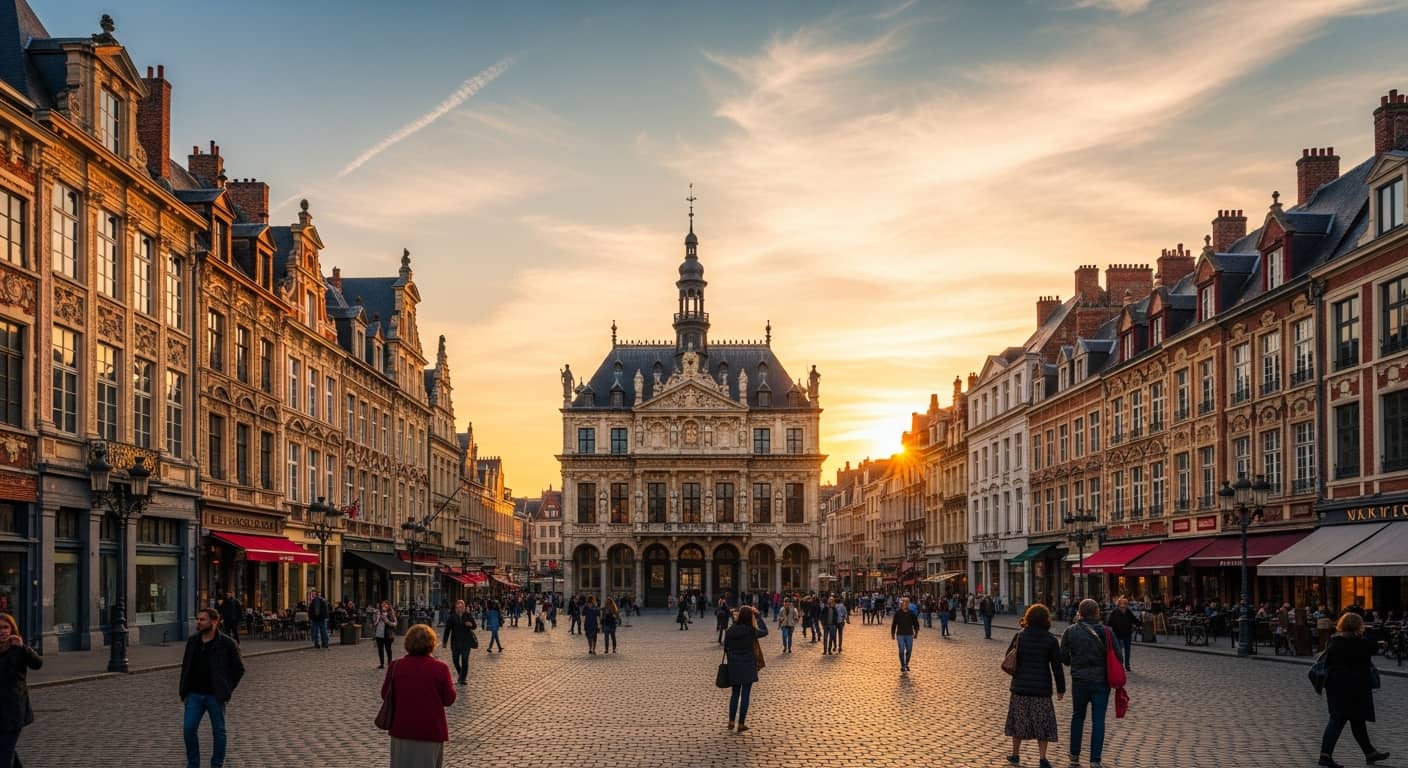 Panoramic view of Lille Grand'Place with colorful Flemish facades and the Old Stock Exchange at sunset, warm golden light, architectural details, people walking, vibrant urban atmosphere, photorealistic style