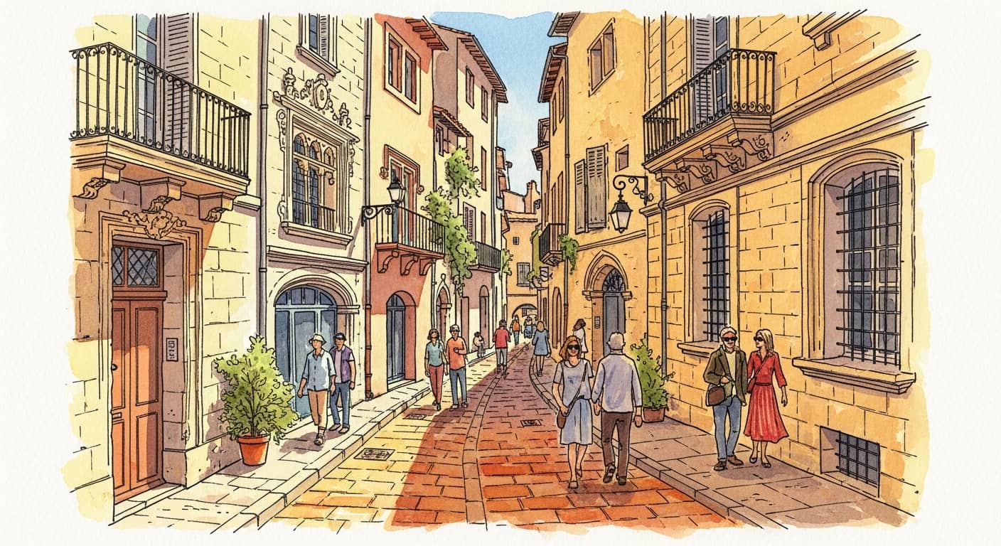 Artistic illustration of Montpellier historic center with medieval narrow streets, ancient stone buildings, sunny Mediterranean atmosphere, warm colors, people walking, architectural details, watercolor style