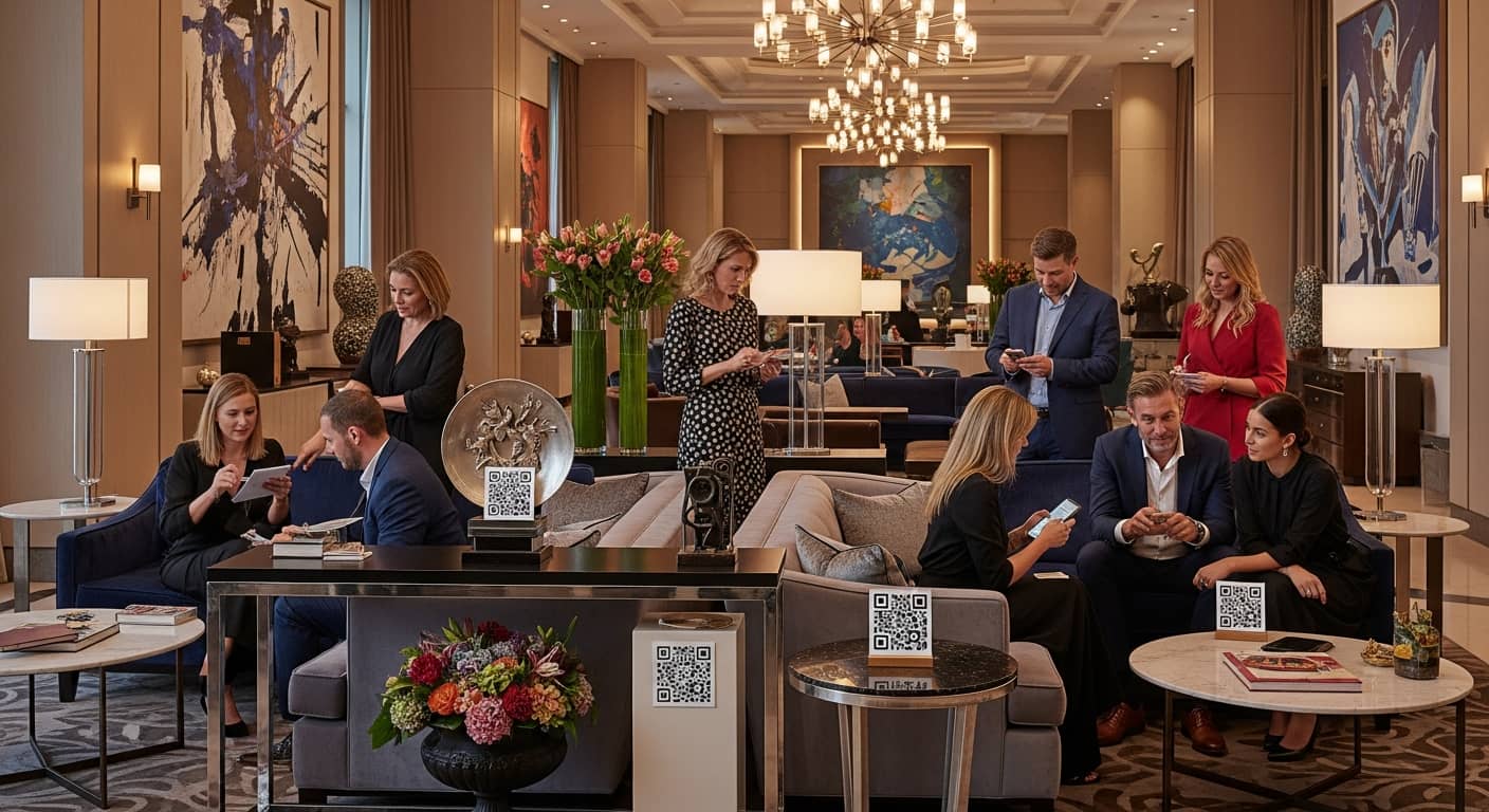 Modern luxury hotel lobby with elegant guests solving interactive puzzle clues, QR codes visible on decorative elements, warm ambient lighting, professional photography style, welcoming atmosphere