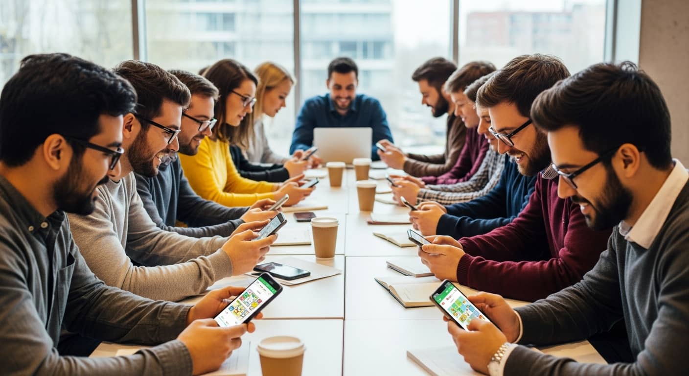 Group of people using smartphones to solve educational puzzle game, modern educational setting, natural lighting, collaborative learning atmosphere, diverse person engaged and smiling