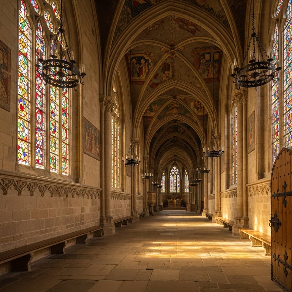 Interior of a medieval abbey with stone arches, soft natural light streaming through stained glass windows, atmospheric and mysterious ambiance, cinematic photography, warm tones, no people