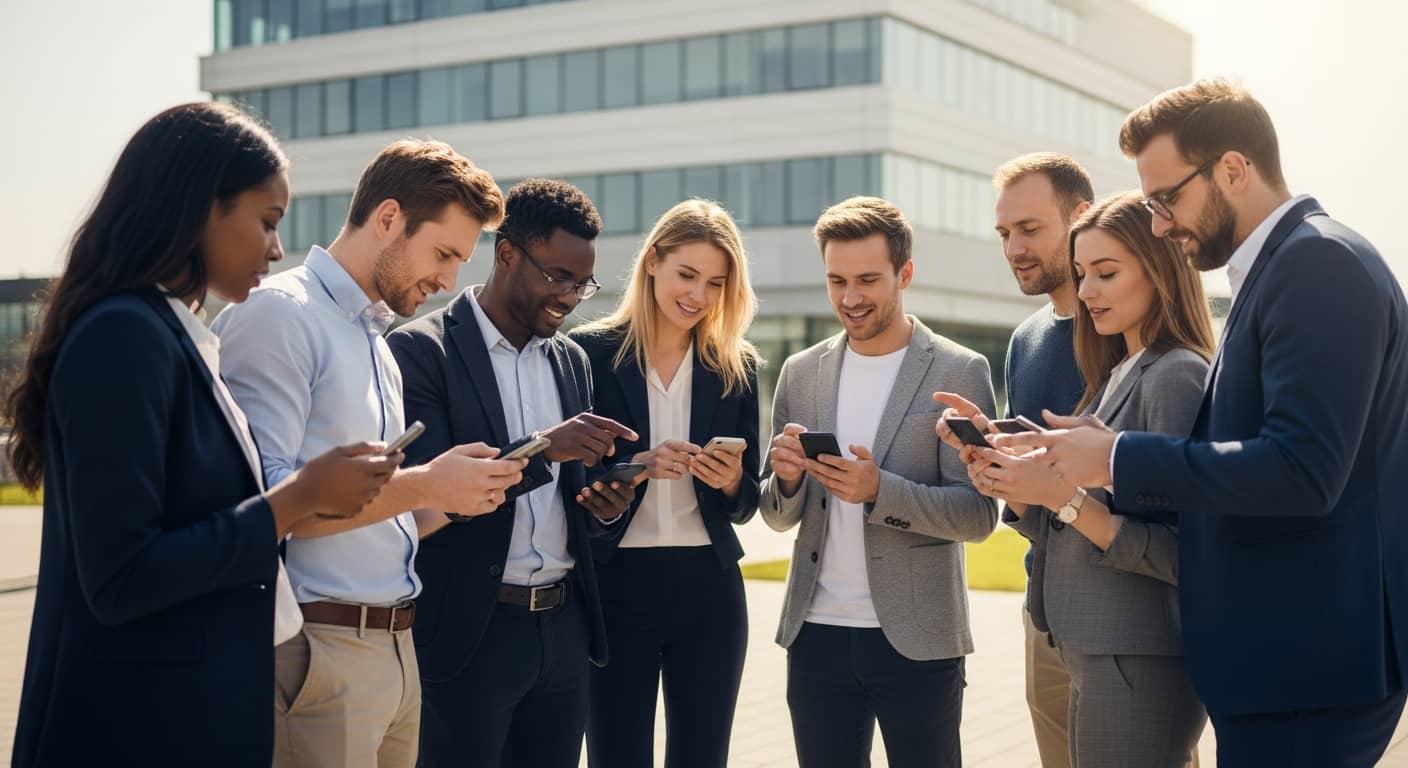 Professional corporate team of diverse colleagues participating in an interactive treasure hunt game during a company seminar, outdoor setting with modern office building in background, bright daylight, collaborative atmosphere, people looking at smartphones and solving puzzles together, professional photography style