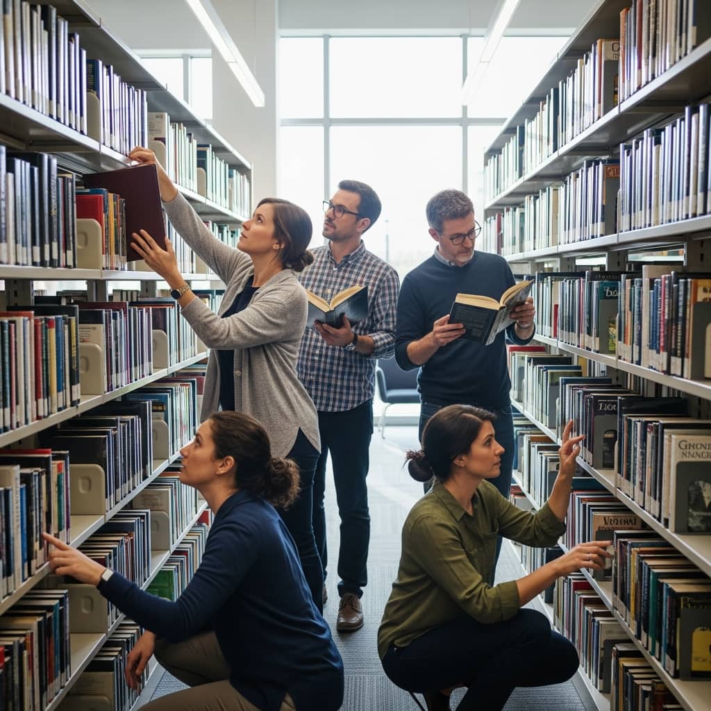 A group of diverse people searching for clues in a modern library, examining books and shelves, realistic photography style, bright natural lighting, contemporary library interior with colorful book spines, engaged expressions, collaborative atmosphere