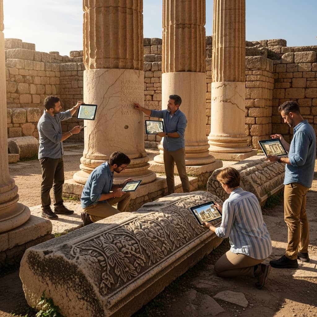 Realistic illustration of a small group of people exploring an ancient archaeological site with stone columns and ruins, holding tablets and examining clues, warm sunlight, educational adventure atmosphere, detailed textures