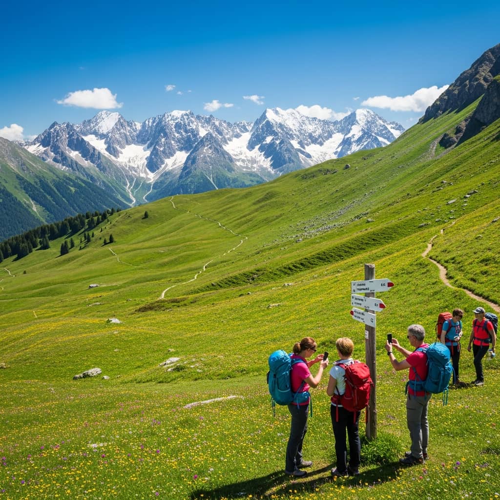 Wide panoramic photo of a mountain landscape in summer with hiking trails, alpine meadows full of wildflowers, snow-capped peaks in background, clear blue sky, a few hikers with smartphones looking at a trail marker, bright natural lighting, professional tourism photography style