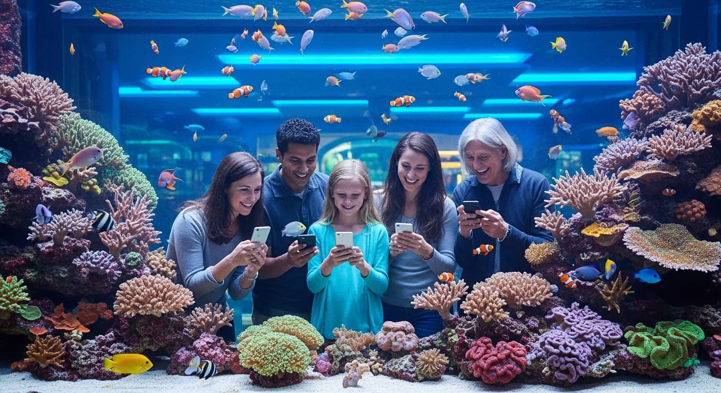 Four person looking at their smartphones while standing in front of a large aquarium tank filled with colorful tropical fish and coral reefs. The aquarium interior is bright and contemporary with blue ambient lighting. The family appears engaged and excited, pointing at the fish while interacting with their phones. Photorealistic style, warm and inviting atmosphere.