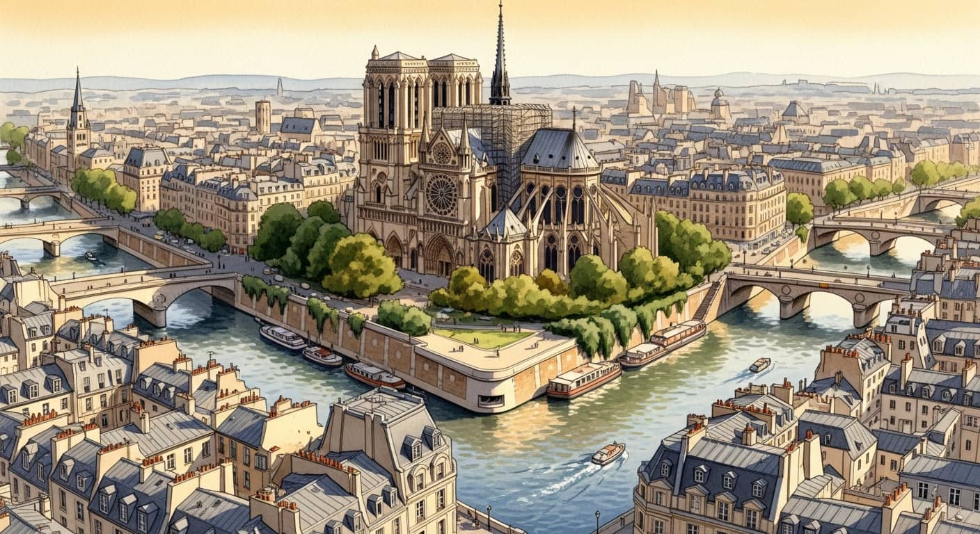 Artistic watercolor illustration of Paris historic center showing Notre-Dame cathedral, Seine river, and Île de la Cité from aerial view, warm golden hour lighting, vibrant colors, detailed architecture, romantic atmosphere