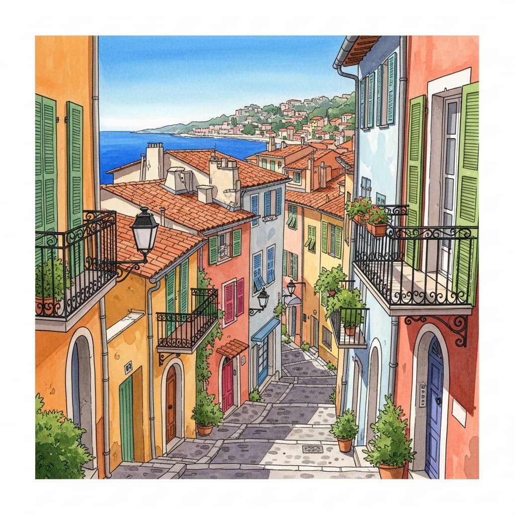Watercolor illustration of the colorful old town of Nice, France, showing narrow streets with pastel-colored buildings, terracotta roofs, Mediterranean architecture, blue sky, and a glimpse of the sea in the background, warm and inviting atmosphere, artistic style