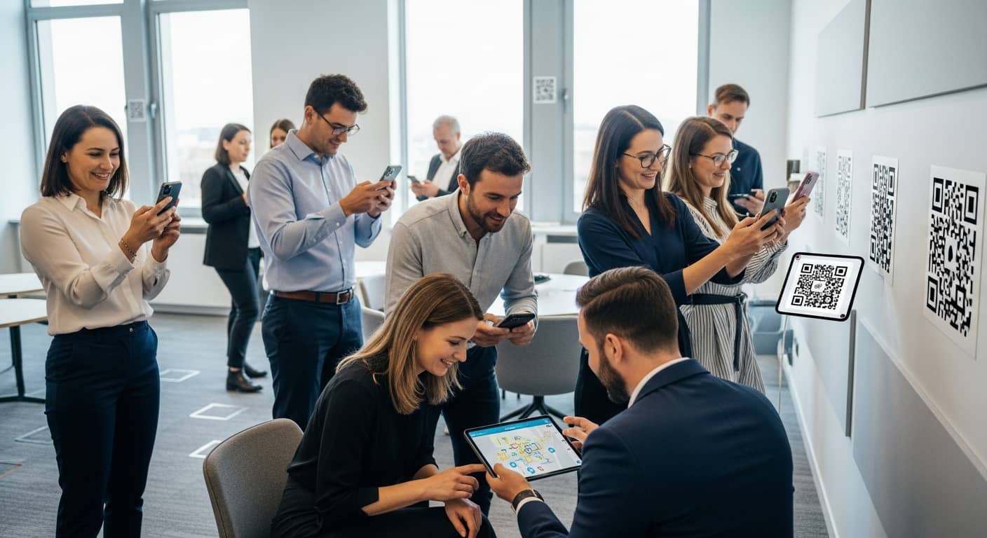 Professional corporate team of diverse colleagues in business casual attire participating in an interactive treasure hunt, scanning QR codes with smartphones, modern office environment, collaborative atmosphere, digital map interface visible on tablets, engaging and dynamic scene, bright natural lighting, high quality business photography