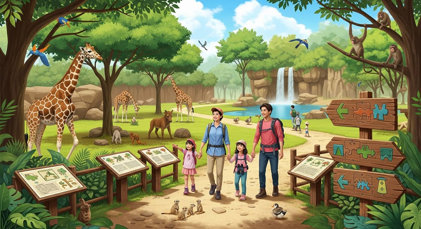 A family of four exploring a beautiful animal park with lush greenery, wooden signs with puzzle symbols, and a sense of adventure and discovery in nature, bright daylight, realistic style