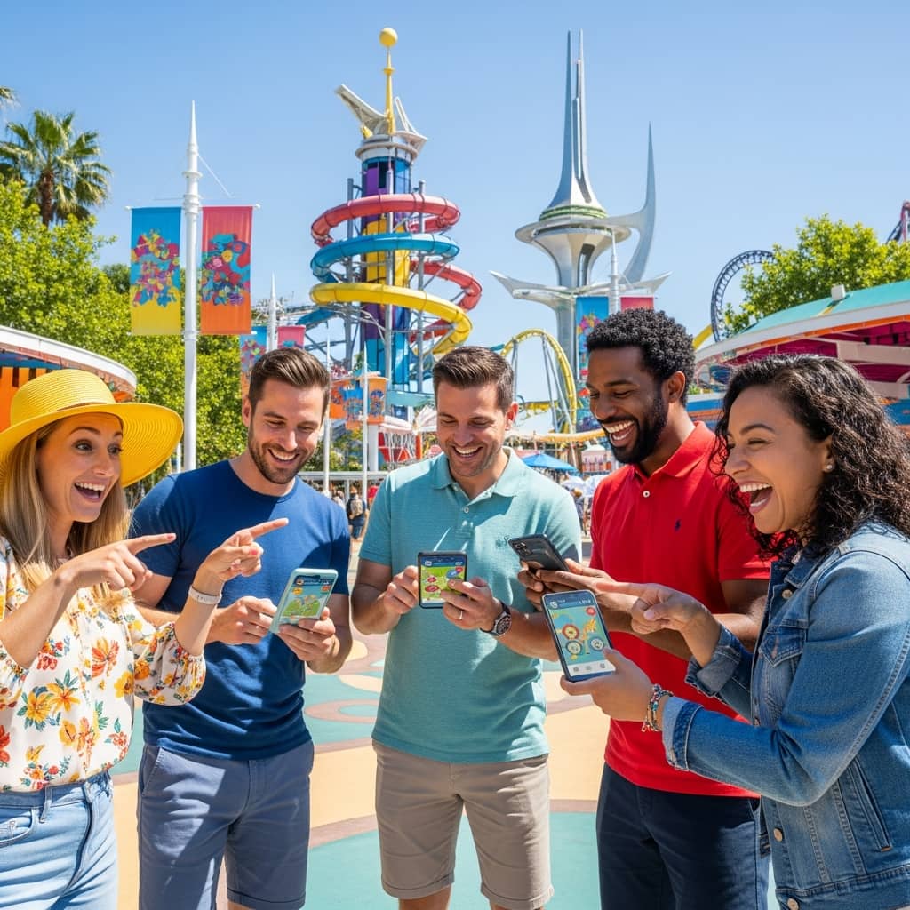 A joyful group of four playing an interactive treasure hunt game in a colorful amusement park, holding smartphones, sunny day, modern theme park attractions in background, vibrant atmosphere, photorealistic