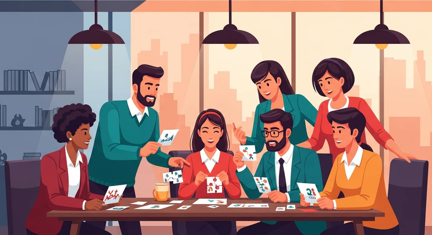 A diverse team of office workers gathered around a table indoors, collaborating on puzzle clues and riddles during a corporate team building escape game event, modern office setting, warm lighting, engaged and smiling, flat illustration style, vibrant colors