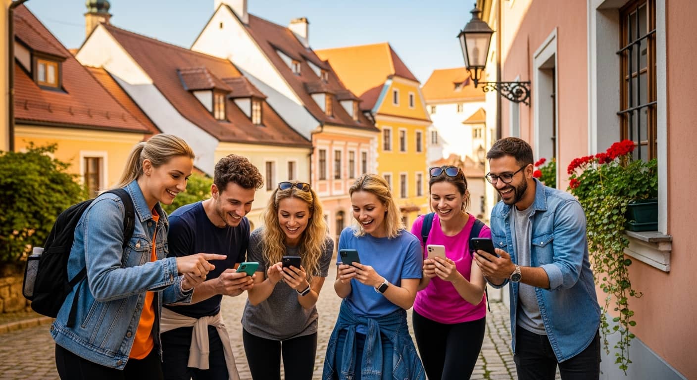 A group of tourists outdoors in a charming old European town, smiling and looking at their smartphones while following a digital treasure hunt, sunny day, modern travel photography style, vibrant colors