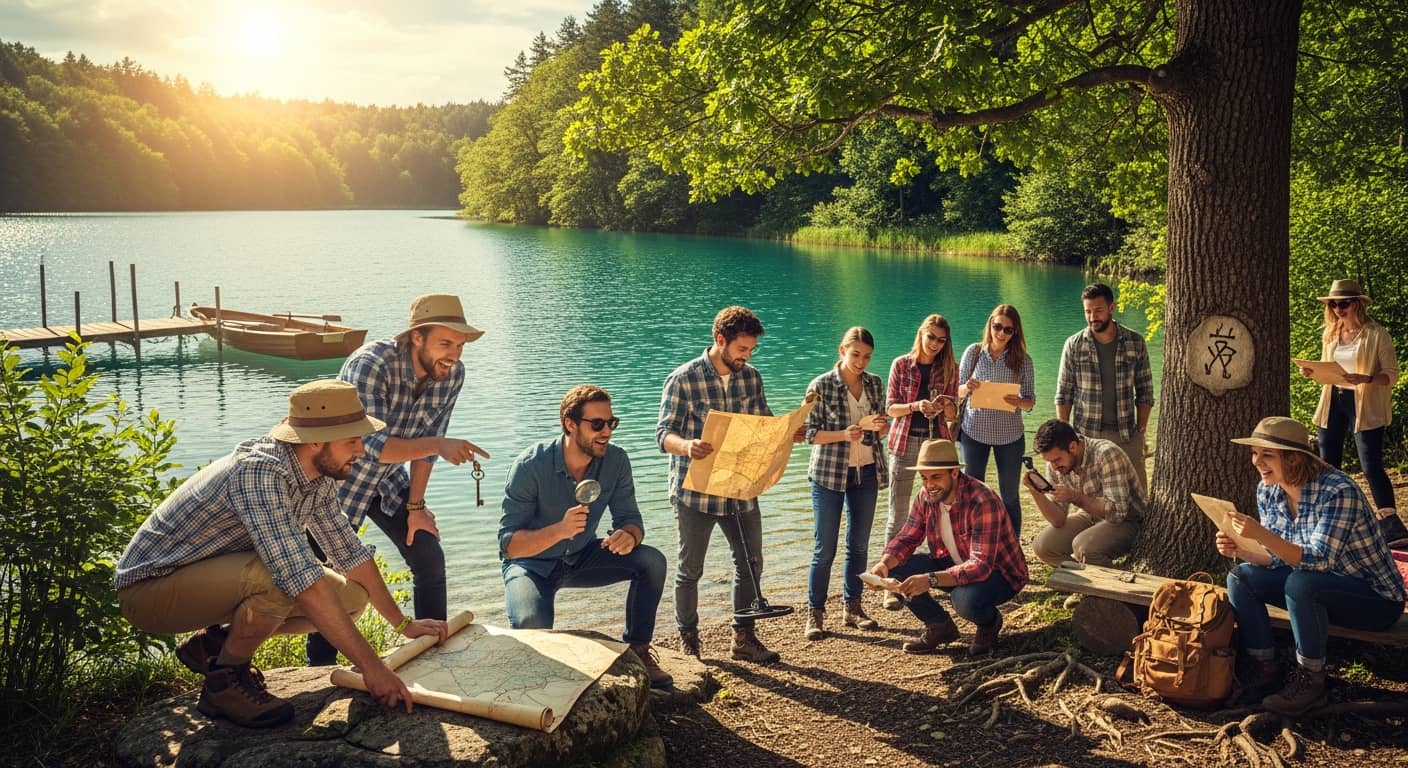 A group of friends and families playing an outdoor treasure hunt around a beautiful lake surrounded by trees and nature, sunny day, adventure, fun, photorealistic