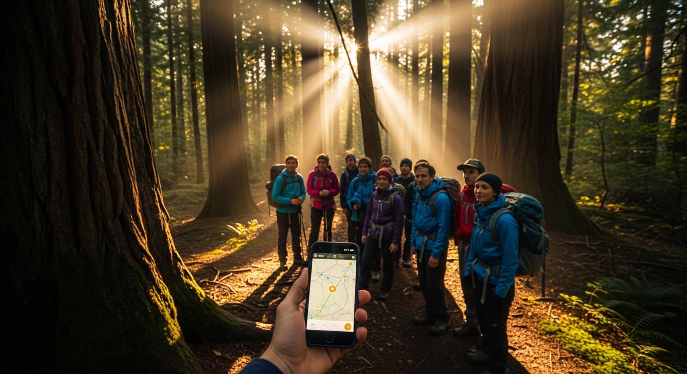 A group of hikers on a forest trail discovering a clue on their smartphone, surrounded by tall trees, golden sunlight filtering through leaves, adventure and nature atmosphere, cinematic photography style, warm tones