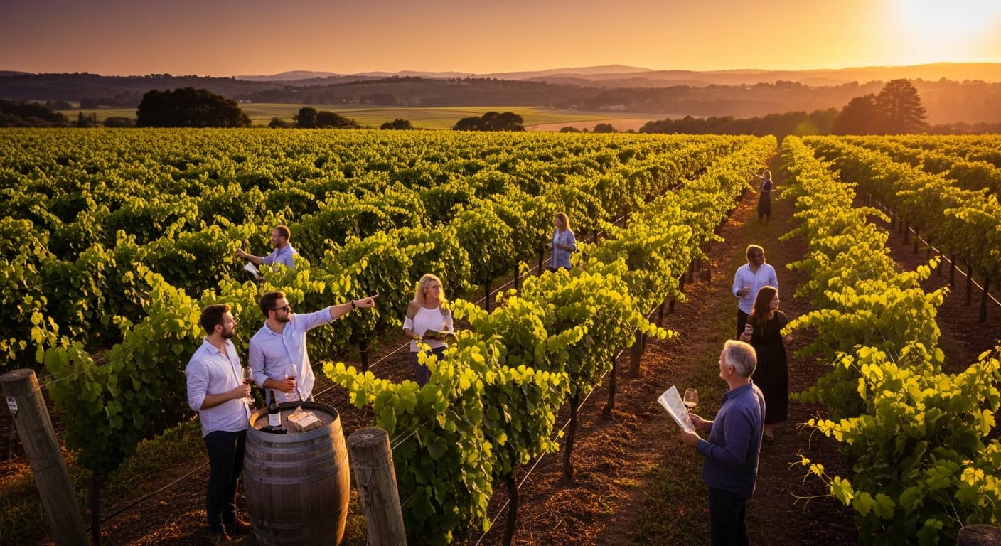 A golden-hour vineyard landscape with people walking between vine rows holding wine glasses, adventure and discovery atmosphere, warm cinematic lighting, lush green vines, outdoor escape game mood