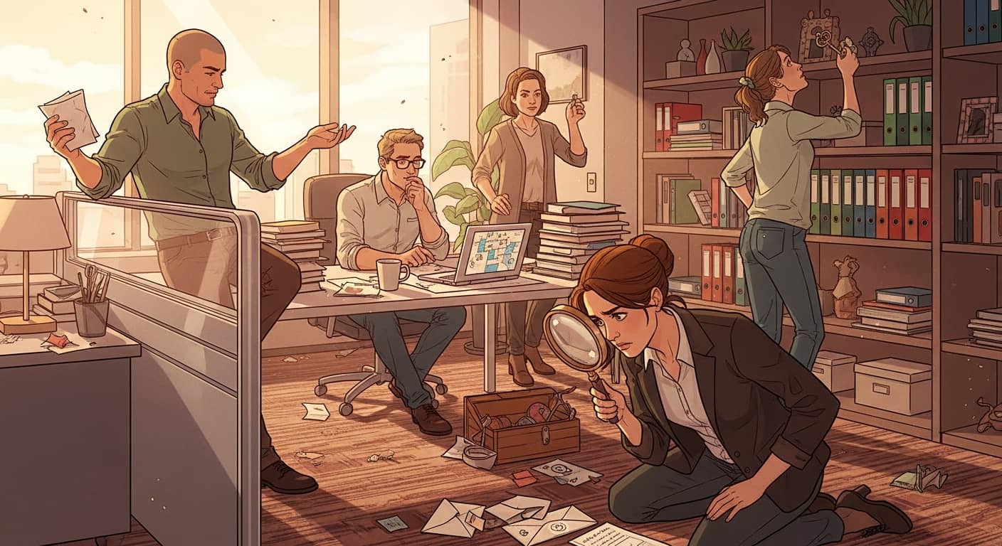 A team of adults searching for clues inside a modern office building, mystery atmosphere, warm lighting, magnifying glass, envelopes with clues, treasure hunt indoor, illustration style, no text