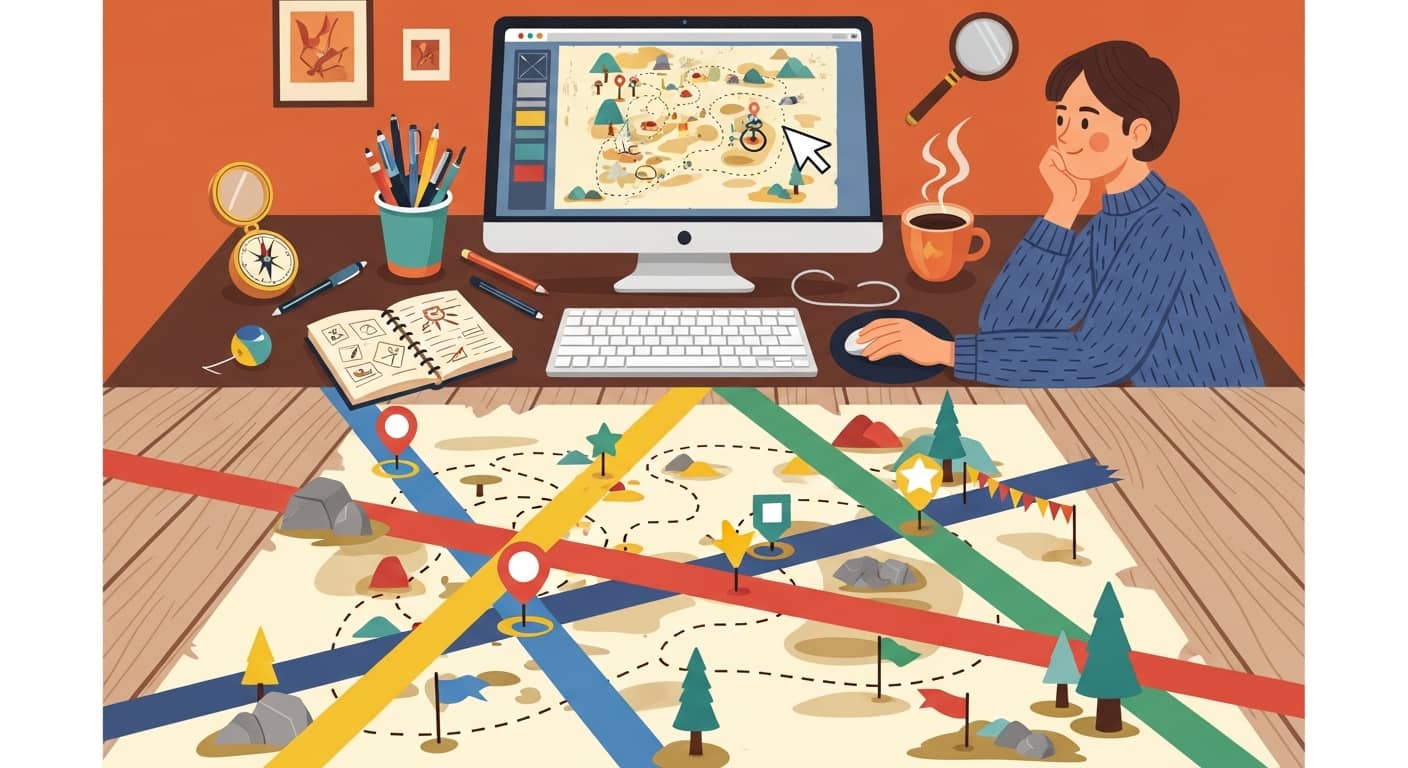 Flat illustration of a person designing a treasure hunt map on a computer screen, colorful pins and paths on a floor plan, creative workspace, warm colors, modern design, no text