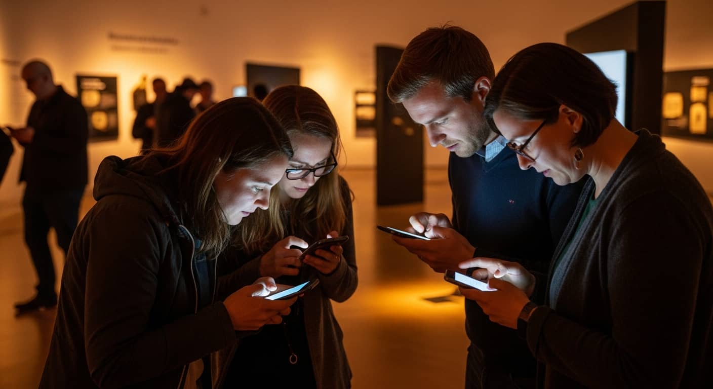 Visitors in a modern museum temporary exhibition, using smartphones to solve riddles, warm atmospheric lighting, immersive and engaging atmosphere, editorial photography style