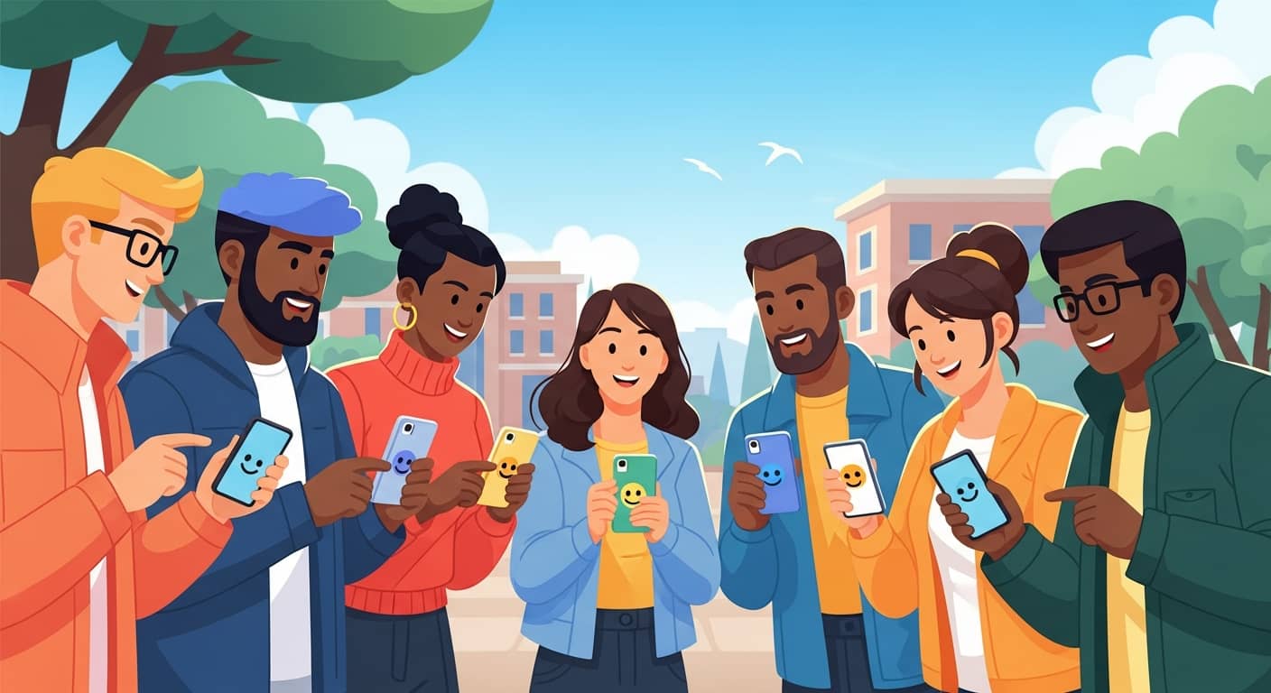 A group of diverse university students outdoors on a sunny campus, smiling and looking at their smartphones while playing a scavenger hunt game, modern illustration style, vibrant colors, flat design with soft shadows