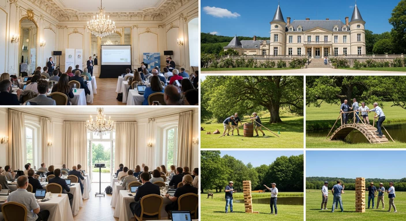 Elegant chateau or domain venue hosting a corporate seminar with outdoor team building activity, 150 guests, sunny day, green grounds