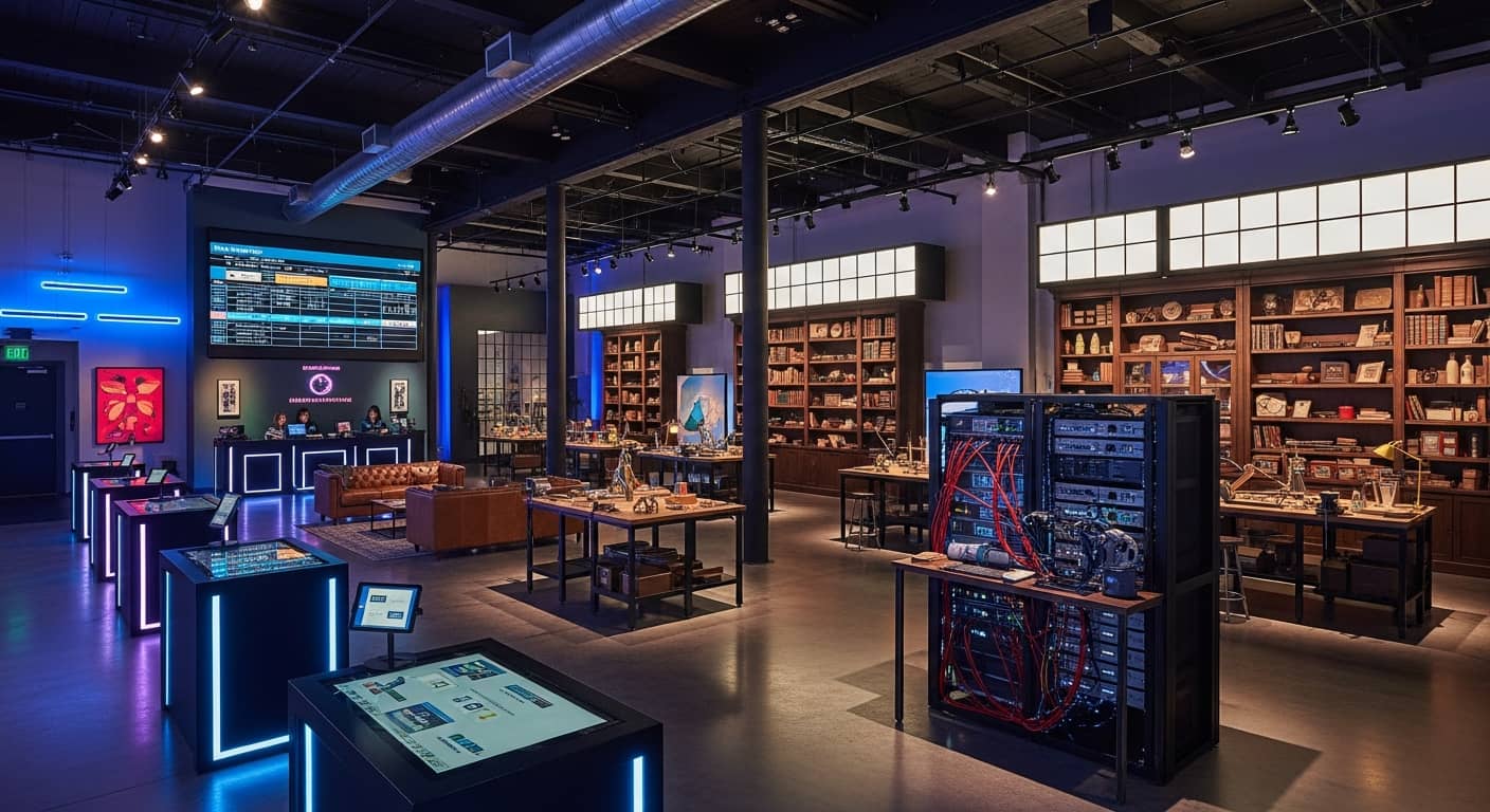 Escape room venue transformed for a large group event, 100+ people, puzzle stations, modern interior, team building atmosphere
