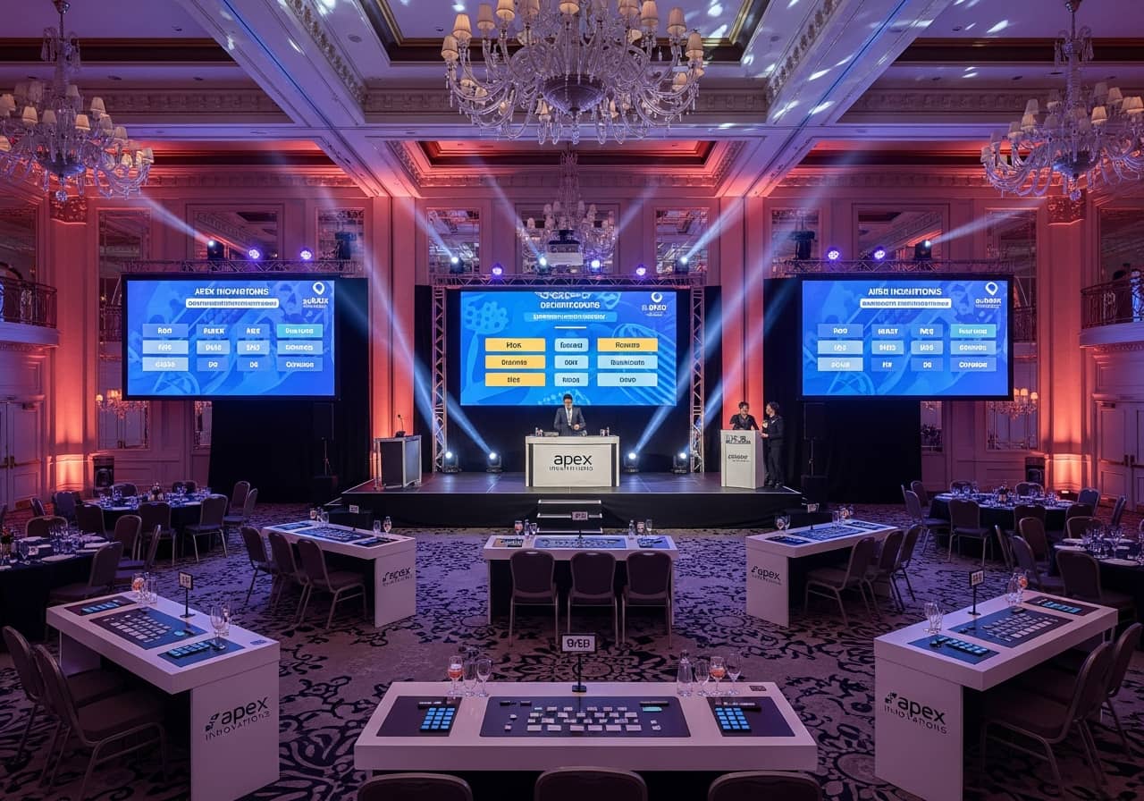 A professional event agency team organizing a large corporate quiz event, elegant venue, branded setup, professional lighting, team building atmosphere