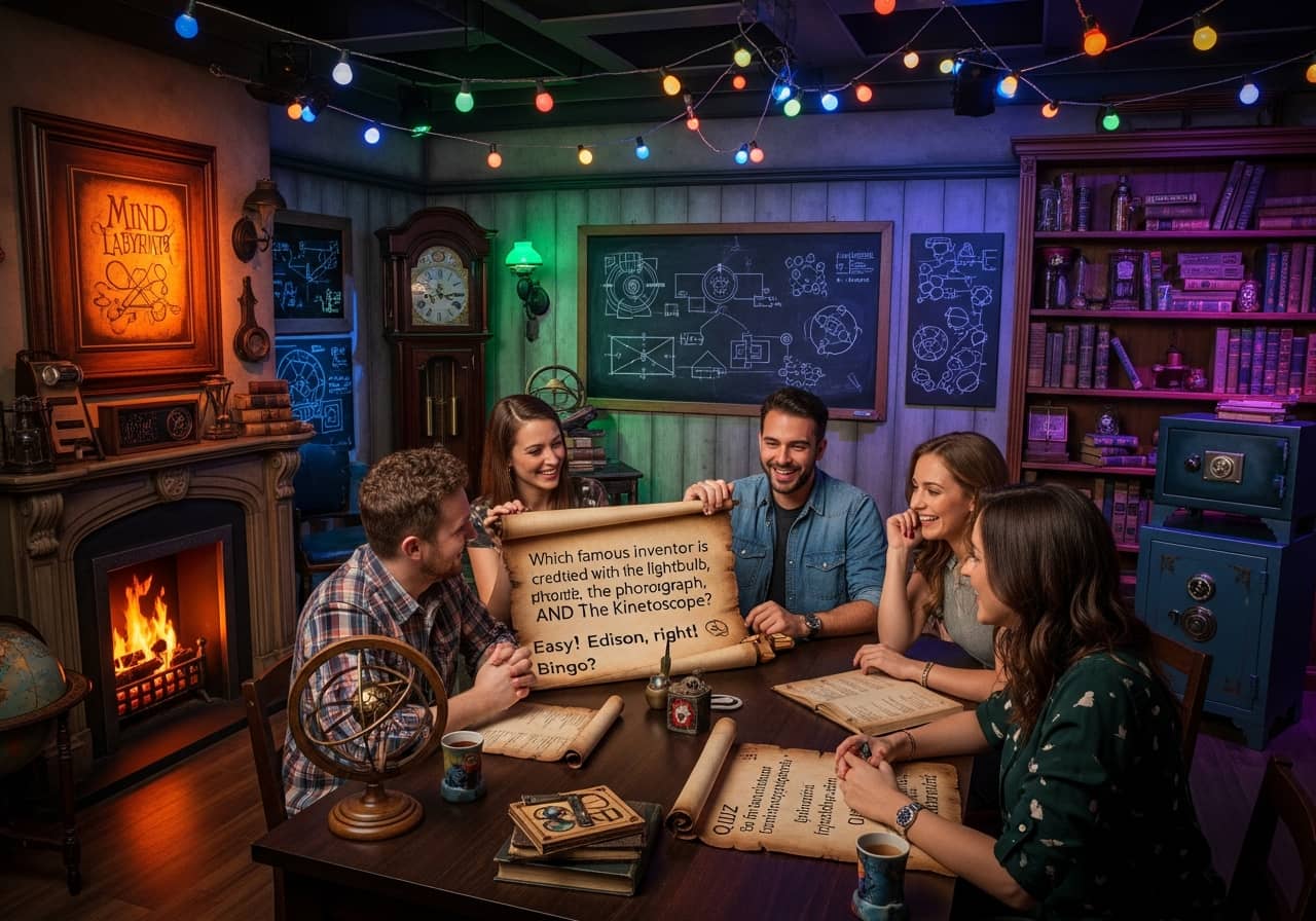 An escape game venue with a group of people playing a quiz game in a themed room, immersive atmosphere, colorful lighting, fun group activity