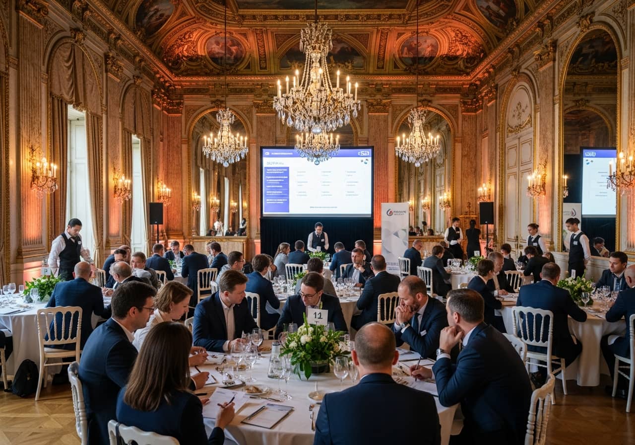 An elegant chateau or hotel ballroom hosting a corporate seminar with a quiz game on a large screen, guests seated at round tables, festive atmosphere, warm lighting