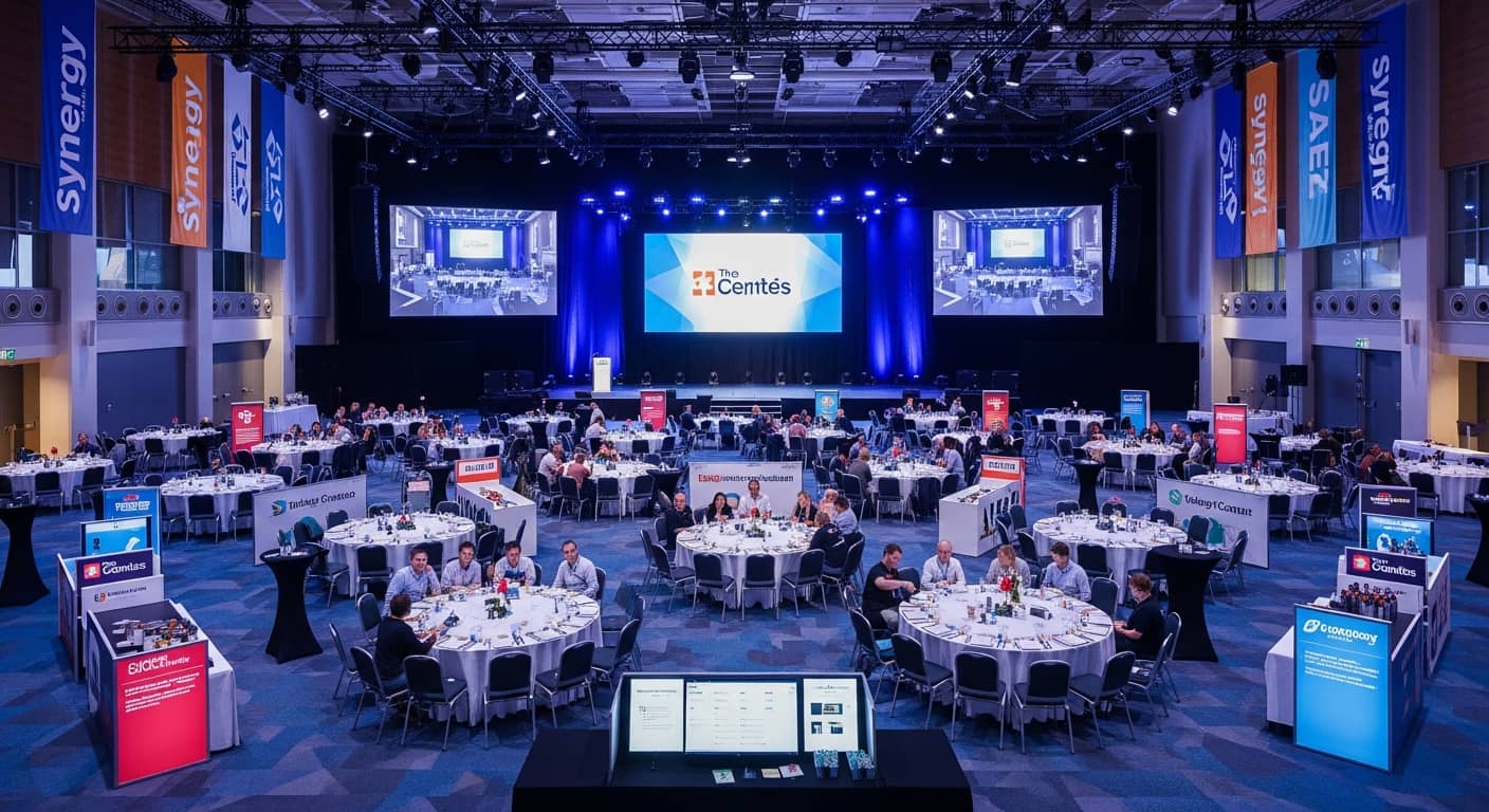 Professional event agency team organizing a large corporate team building event, modern conference venue, 200 people, branded setup