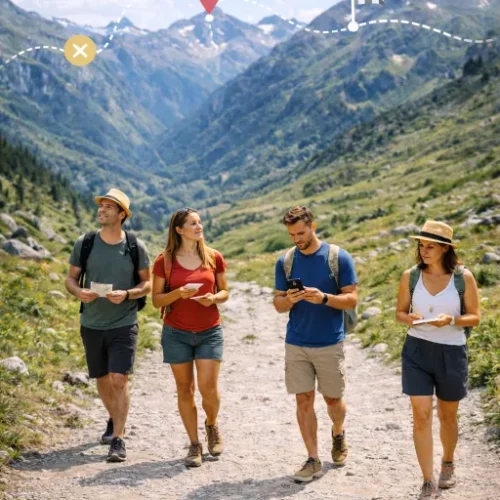 Des randonneurs font un jeu de pistes à la montagne.