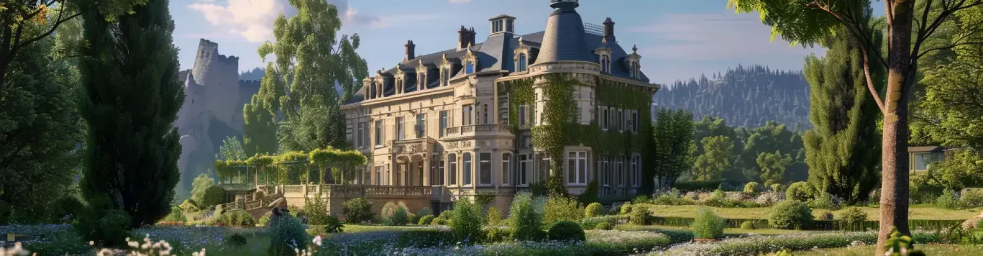 Un domaine avec un jardin et un chateau